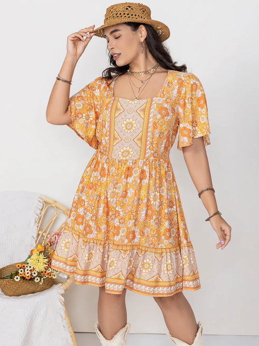 Printed Square Neck Short Sleeve Dress