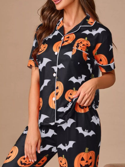 Halloween Pumpkin and Bat Print Button-Down Top and Pants Lounge Set