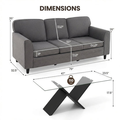 Contemporary Living Room Furniture Suite: Modern 3-Seat Teddy Velvet Sofa + 47-Inch Glass Coffee Table